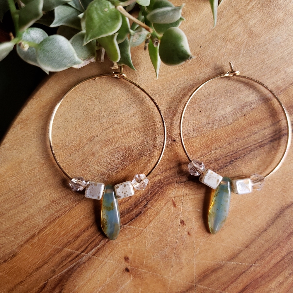 Tear Drop Turquoise Czech Beads x Crystals Hoops - Picture 2 of 5